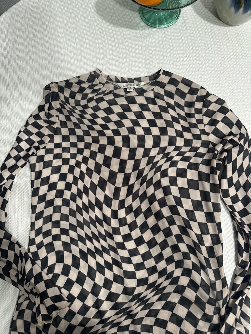 DAVI & DANI Black and Cream Optical Checkered Long Sleeve Top
